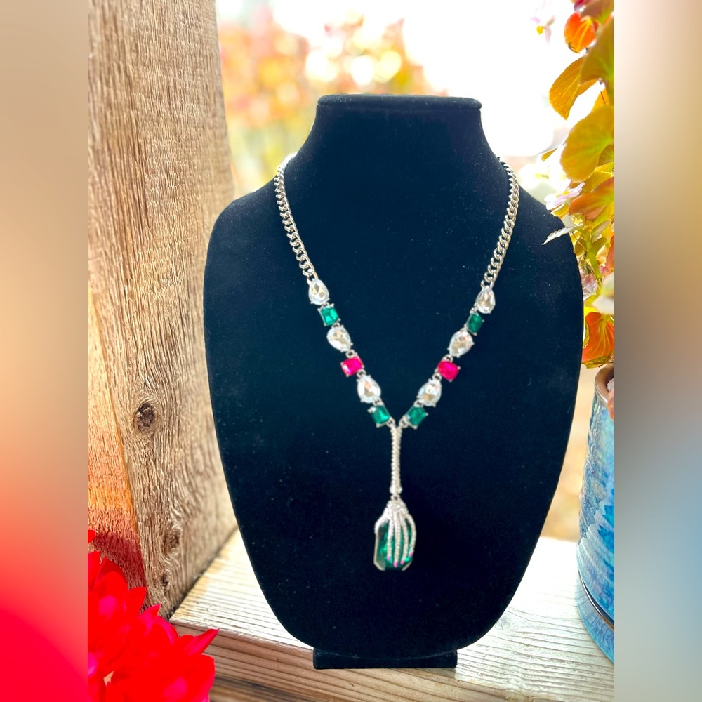 Betsey Johnson Silver-tone w Green & Pink Jeweled Hand Pendant Necklace NWT